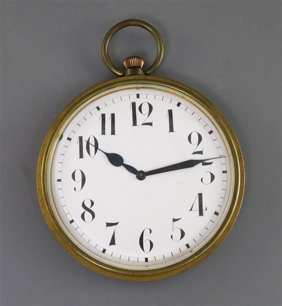 An early 20th century French gilt brass timepiece, modelled as giant pocket watch, 7.5in.